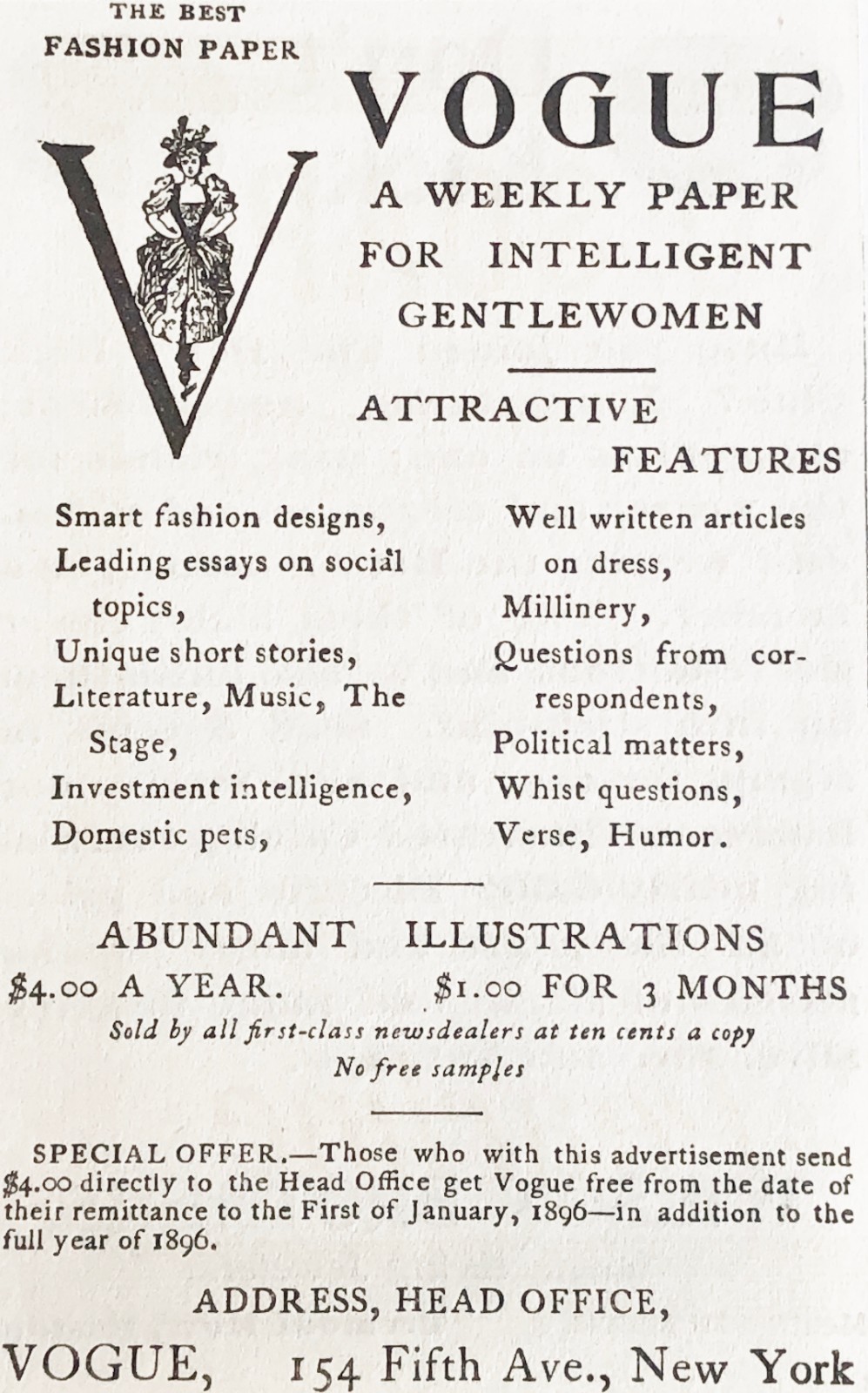 Antique VOGUE Fashion Magazine New York Paris Women Dress Original 1895 Print Ad
