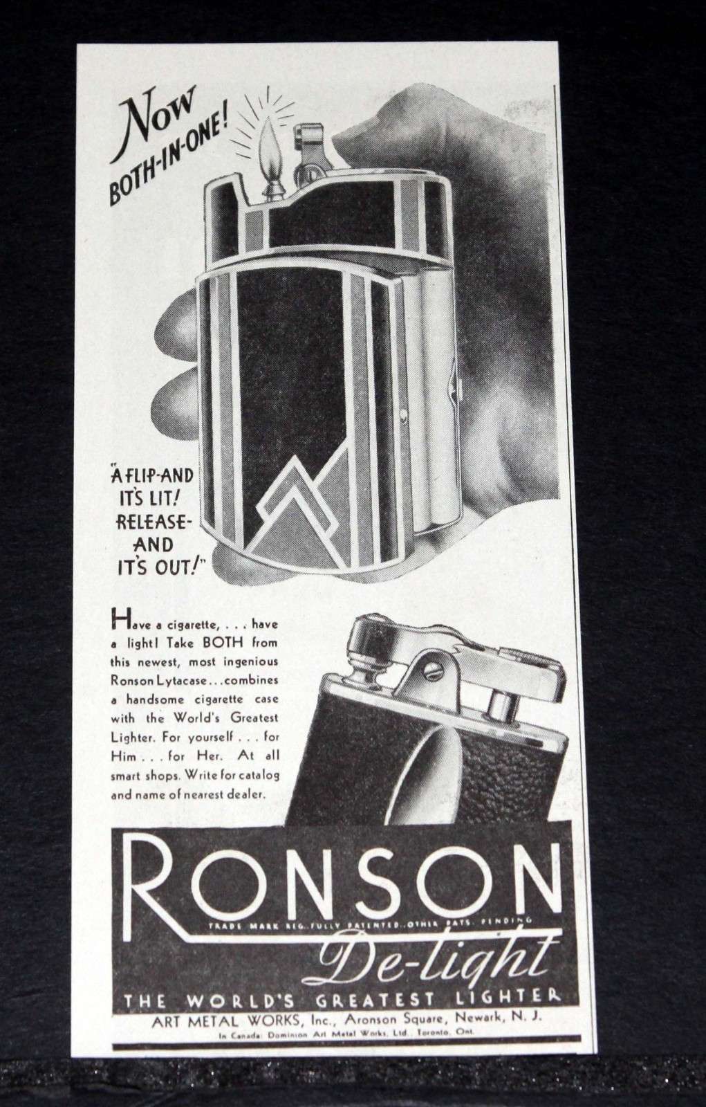 1932 OLD MAGAZINE PRINT AD, THE RONSON “DE-LIGHT” CIGARETTE CASE AND LIGHTER!