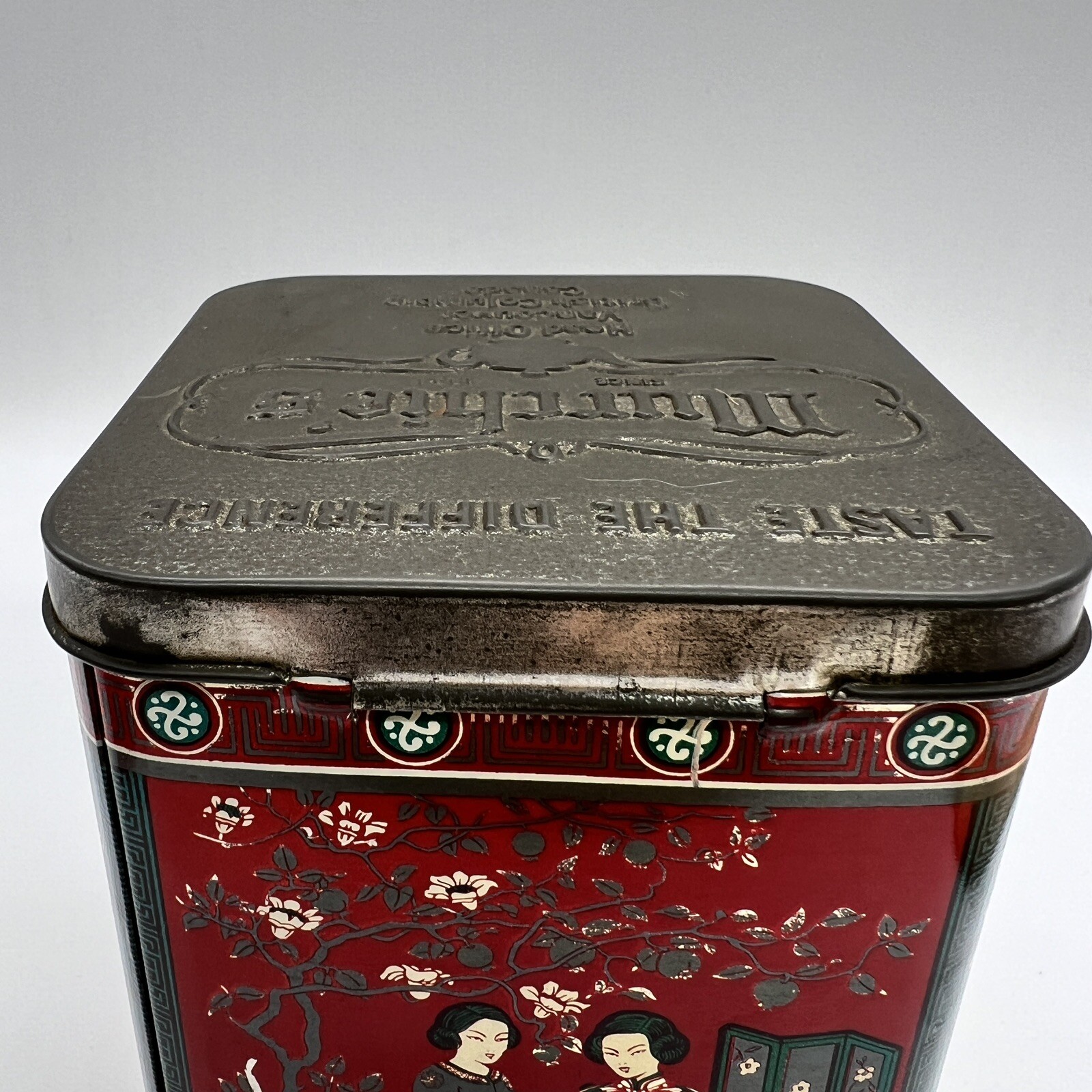 Vintage Murchie’s Tea Tin Asian Art Motif Red Green White 3” X 4”