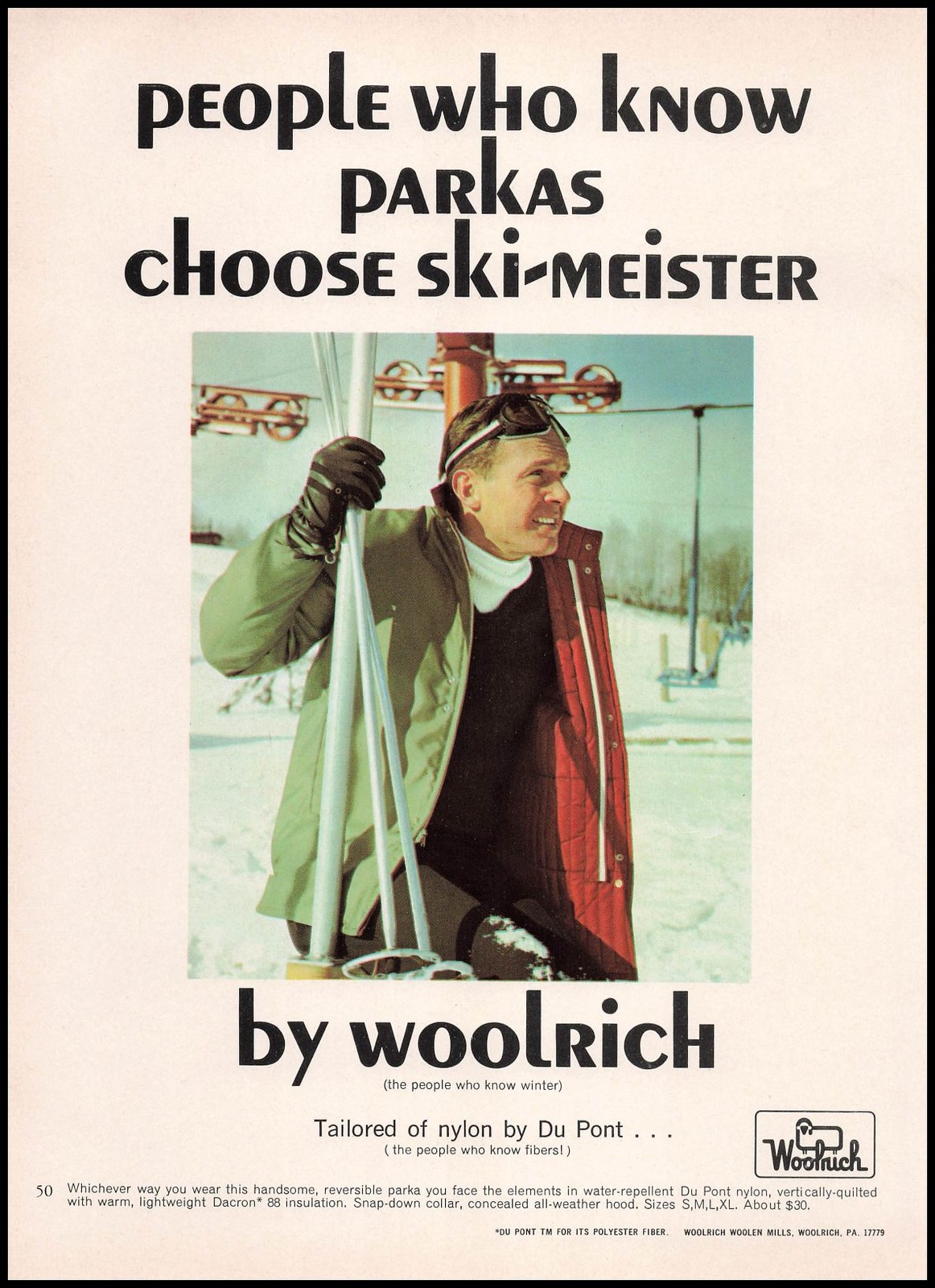 1965 Woolrich Woolen Mills Du Pont Nylon Snow Ski Meister Parka Vintage Print Ad