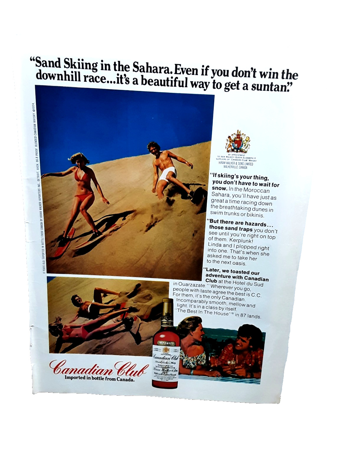 1974 Canadian Club Whisky Print Ad Sand Skiing in Sahara Morocco