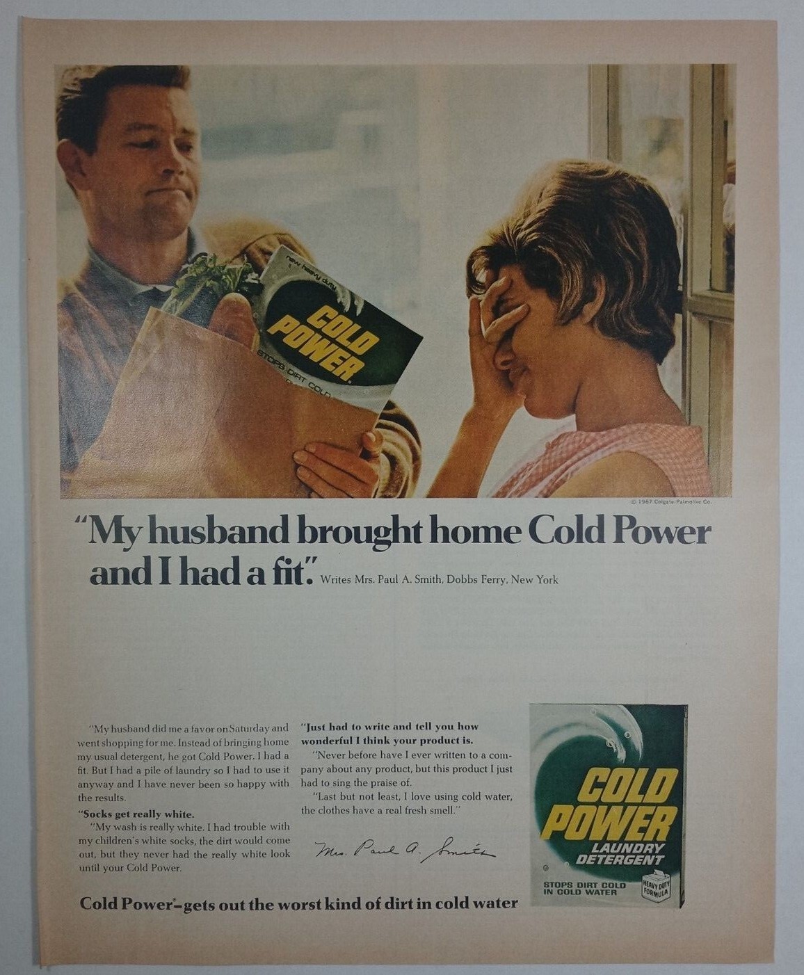 1960’s Cold Power Laundry Detergent Husband Wife Had a Fit Vintage Print Ad