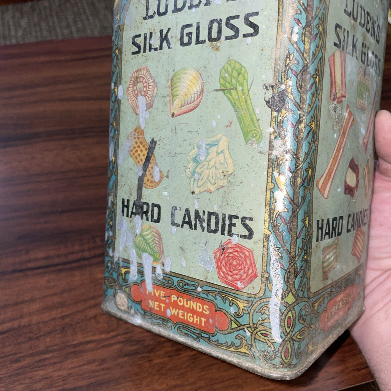 Antique 5LB “LUDEN’S SILK GLOSS” Hard Candies Tin Vintage Confection Can Damaged