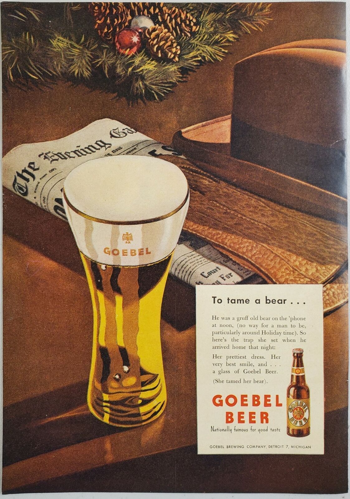 1946 Print Ad Goebel Beer Foamy Glass & Newspaper Detroit,Michigan
