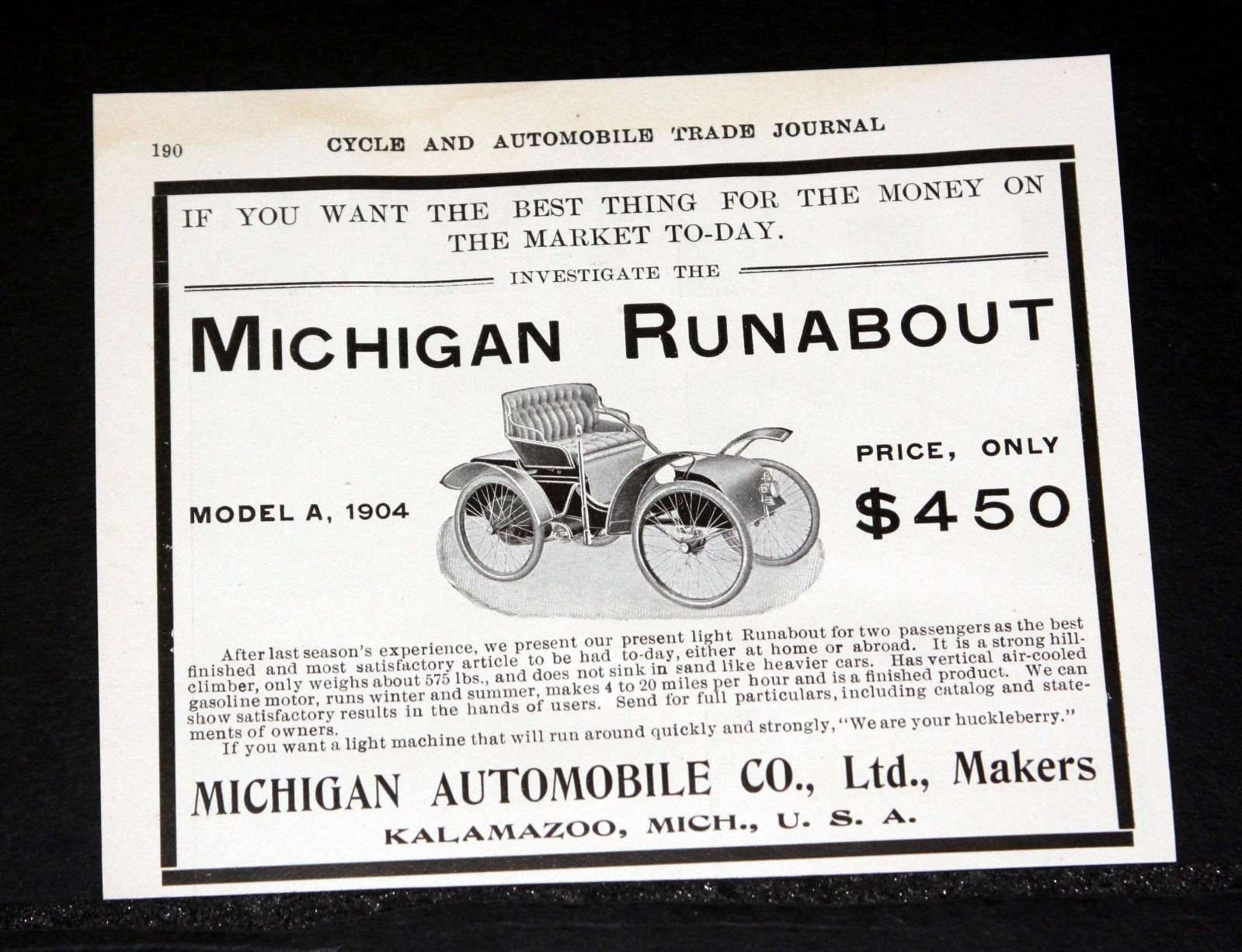 1904 OLD MAGAZINE PRINT AD, THE MICHIGAN MODEL “A” RUNABOUT AUTO-KALAMAZOO, MI!
