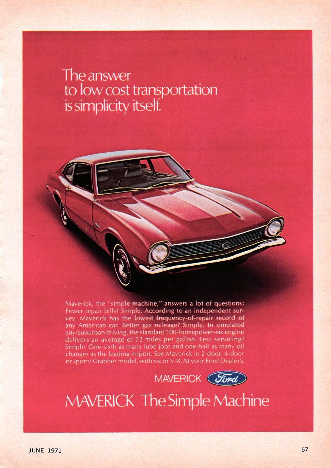 Ford Maverick Low Cost Transportation Simplicity Itself 1971 Vtg Mag Print Ad