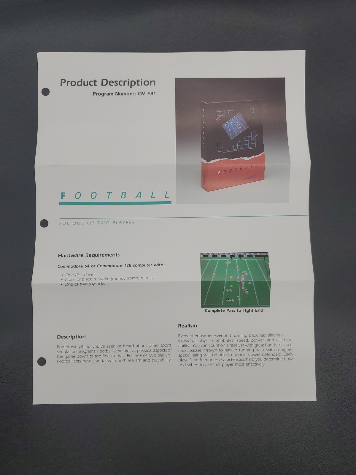 subLOGIC Football CM-FB1 Product Description Sheet Commodore 64 & 128
