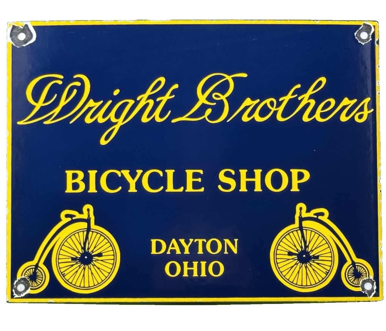 VINTAGE WRIGHT BROTHERS BICYCLE SHOP PORCELAIN SIGN BIKE SHOP DAYTON OHIO PENNY