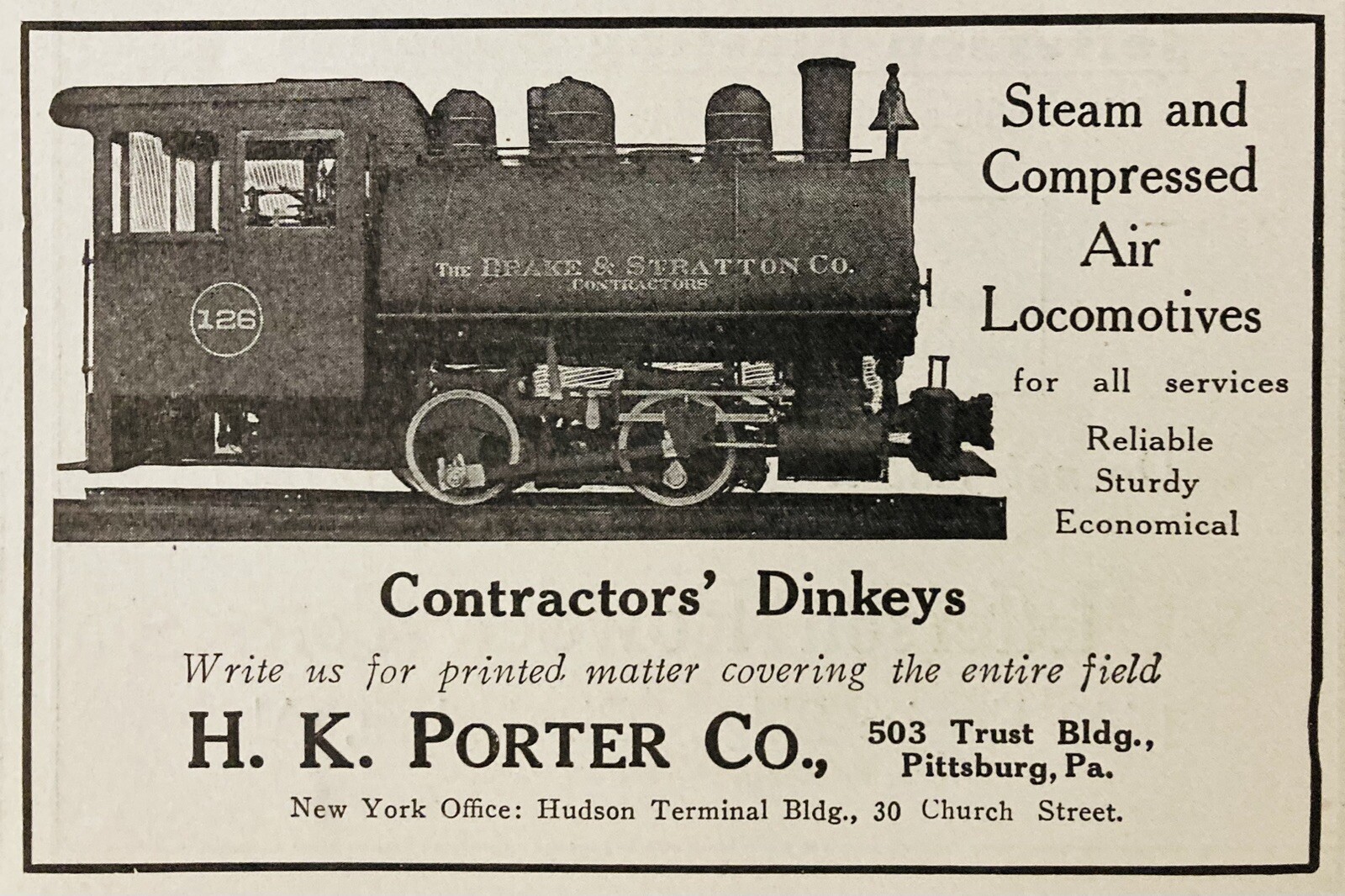 1913 AD.(N14)~H.K. PORTER CO. PITTSBURG, PA. STEAM COMPRESSED AIR LOCOMOTIVES