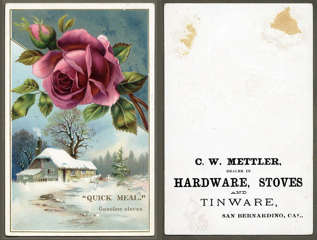 San Bernardino CA METTLER HARDWARE Store VICTORIAN Trade Card 1880’s STOVES etc