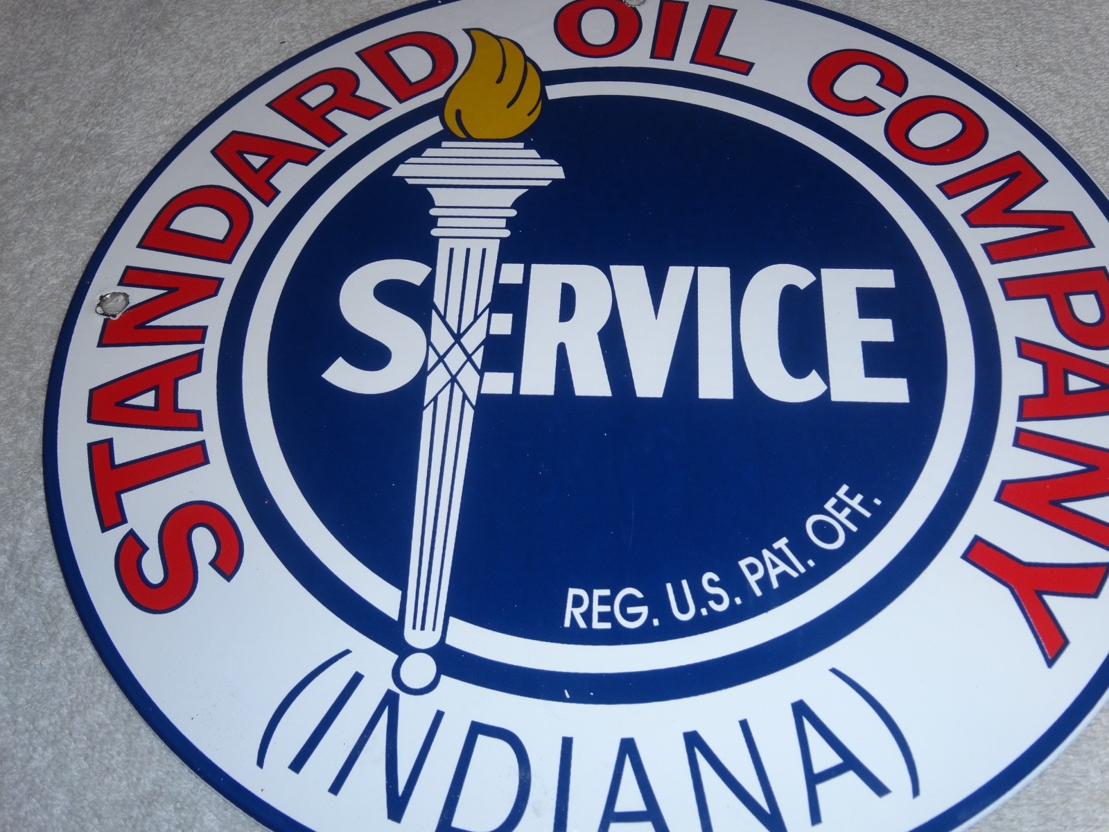 VINTAGE STANDARD OIL CO. GASOLINE SERVICE TORCH INDIANA 12″ PORCELAIN METAL SIGN