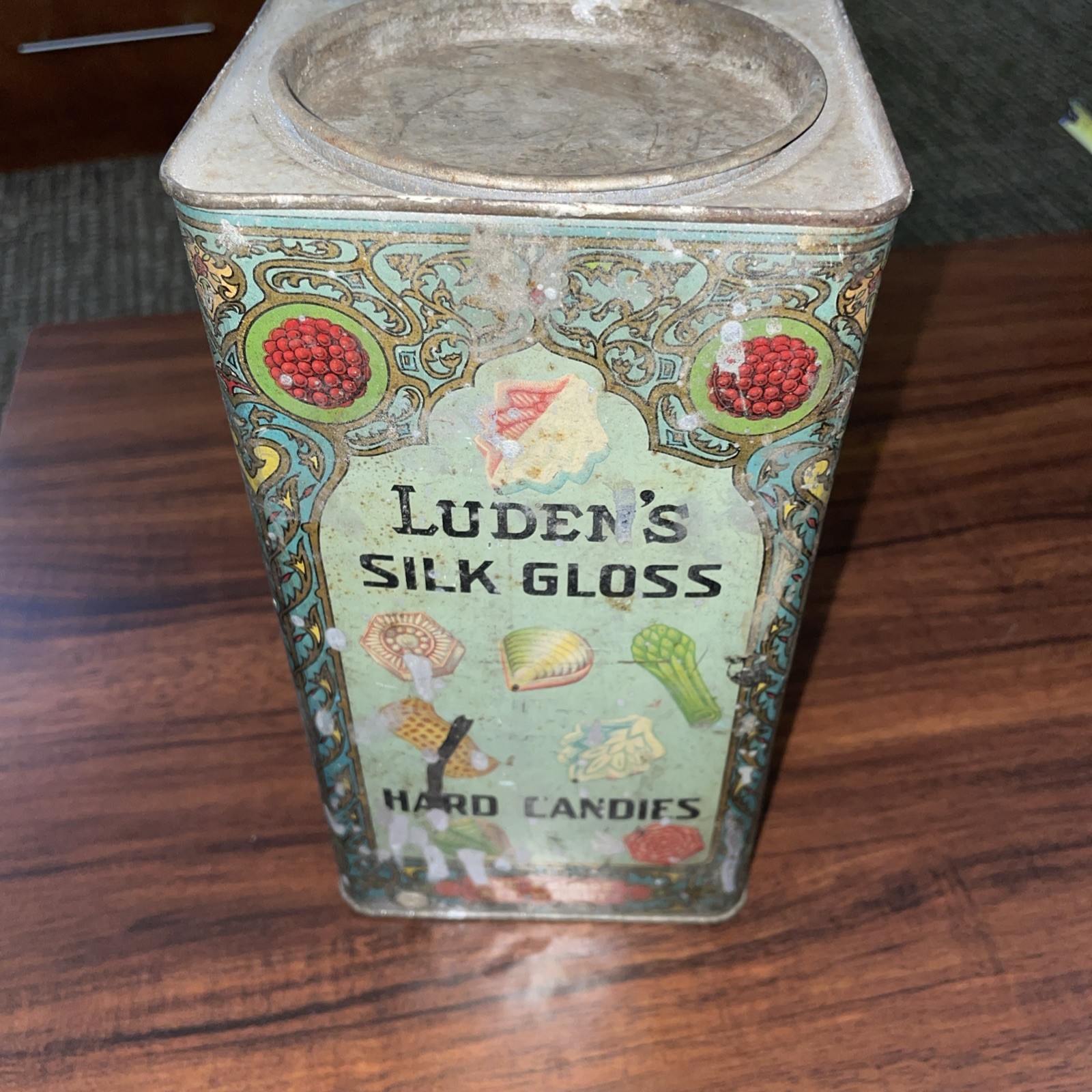 Antique 5LB “LUDEN’S SILK GLOSS” Hard Candies Tin Vintage Confection Can Damaged
