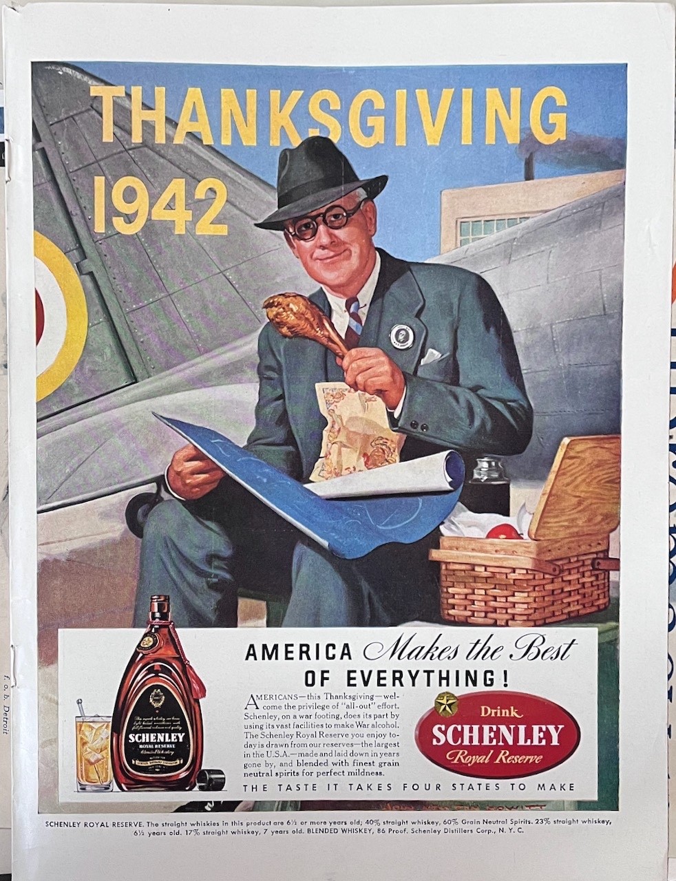 1942 magazine ad for Schenley Whiskey – Thanksgiving turkey leg on the tarmac