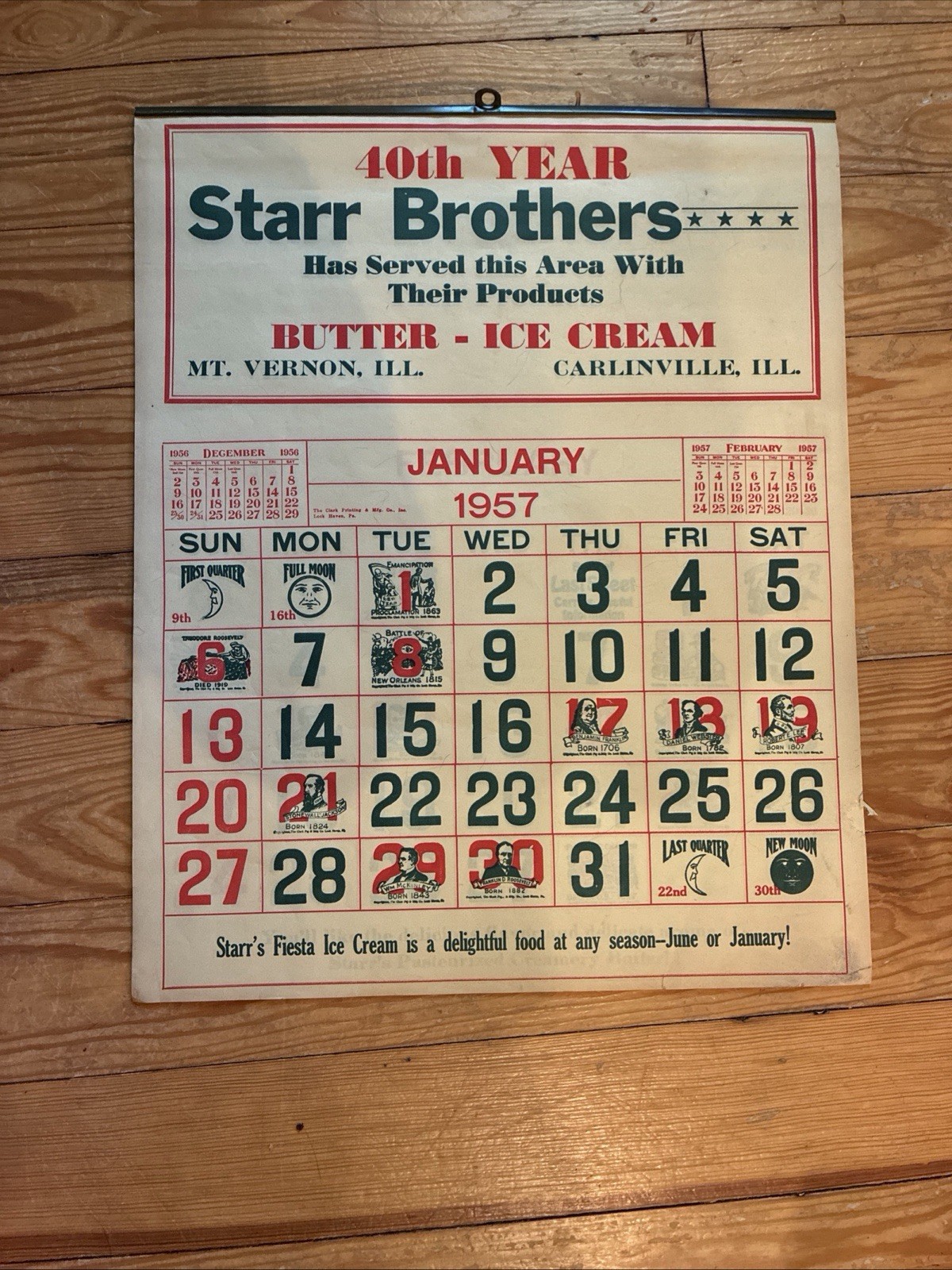 1957 Starr Brothers Butter -Ice Cream Historical Calendar Mt Vernon Illinois