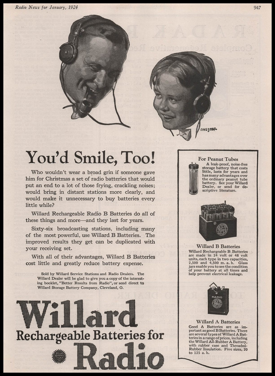 1924 Willard Storage Battery Co. Cleveland Rechargeable Radio Batteries Print Ad