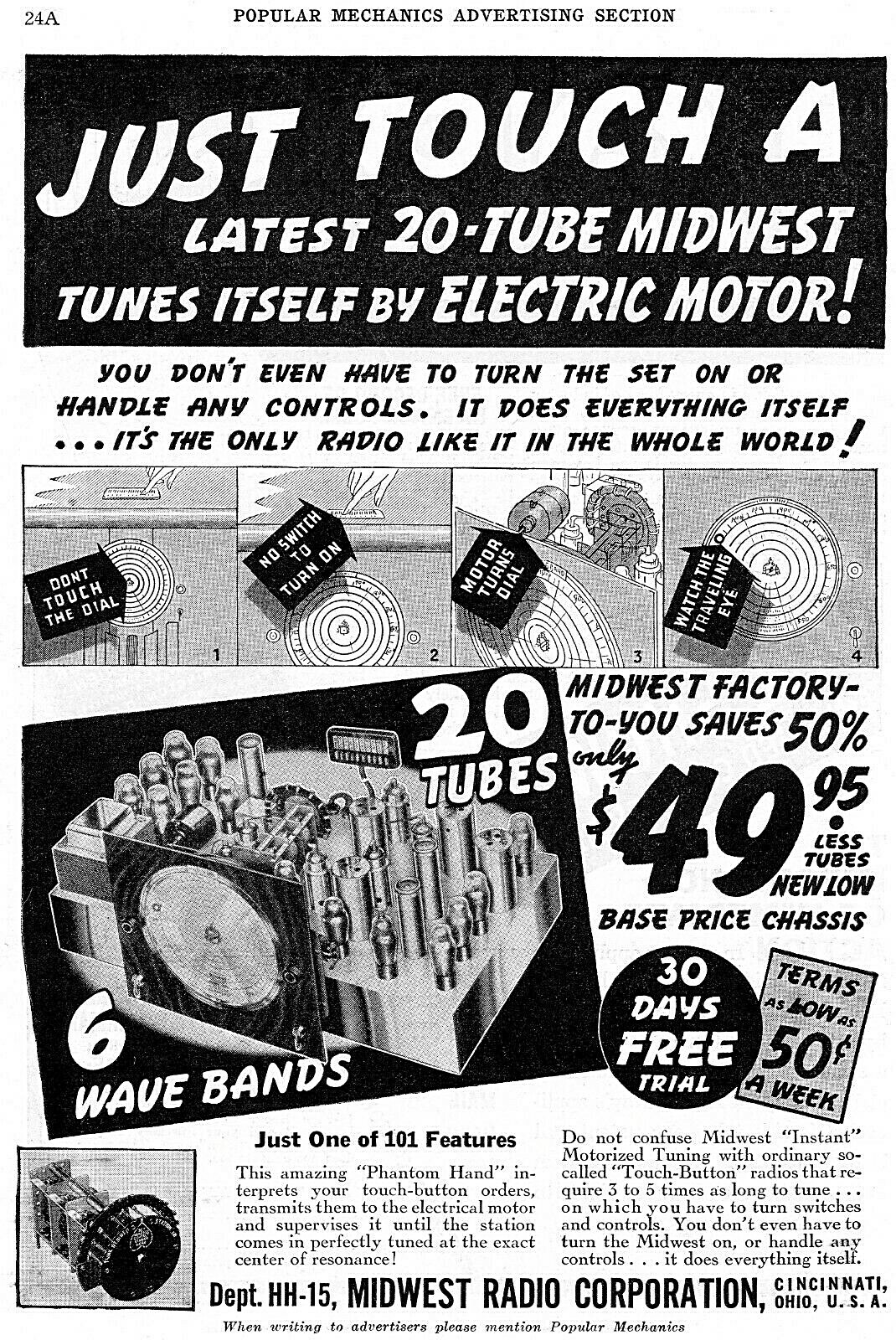 Vintage Ad Print, 20 Tubes & 6 Waves by Midwest Radio Corp., 1937, 9.5 x 6