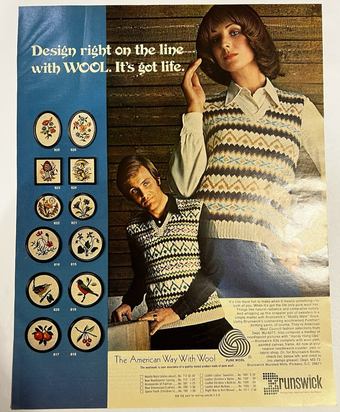 Vintage 1970s Ad Brunswick Knitting Yarns Fabrics Needlepoint-Design Right On