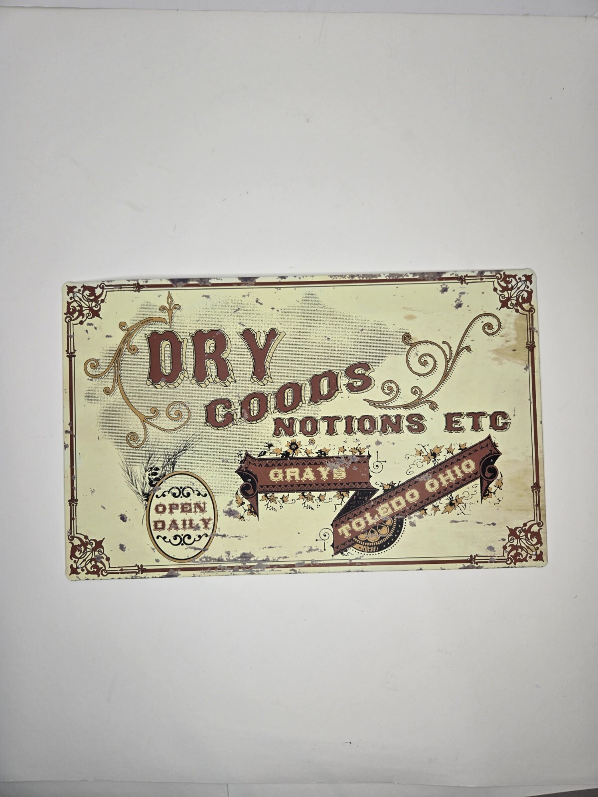 Dry Goods Notions Etc Metal Rustic Sign Vintage Look Toledo Ohio 16” X 10″ Tin
