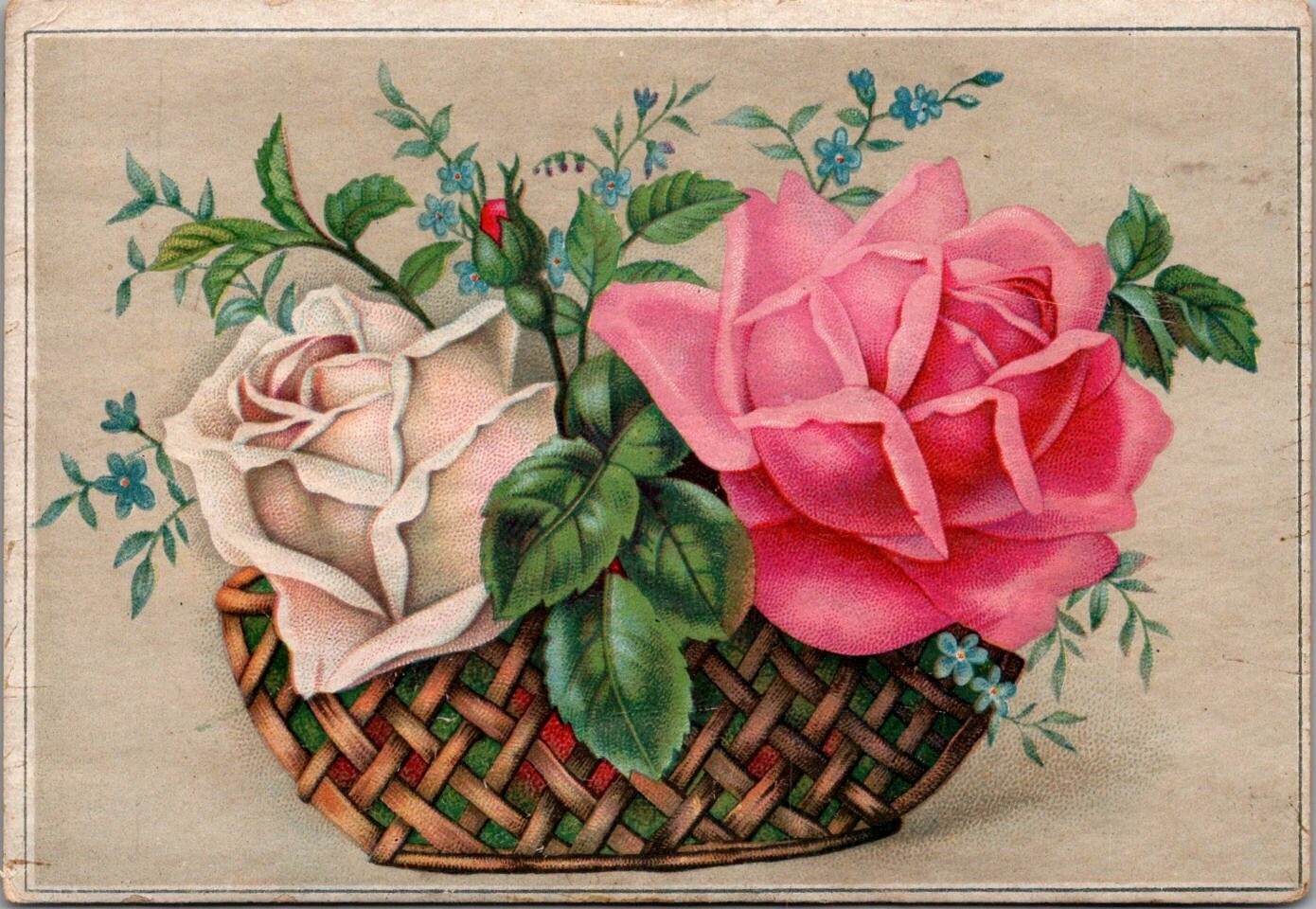 Pink White Roses in Basket Junk Journal Ephemera Victorian Trade Card