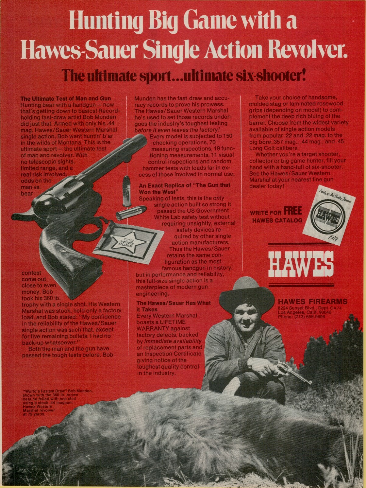 1975 Hawes Firearms Single Action Revolver Brown Bear Munden Vintage Print Ad