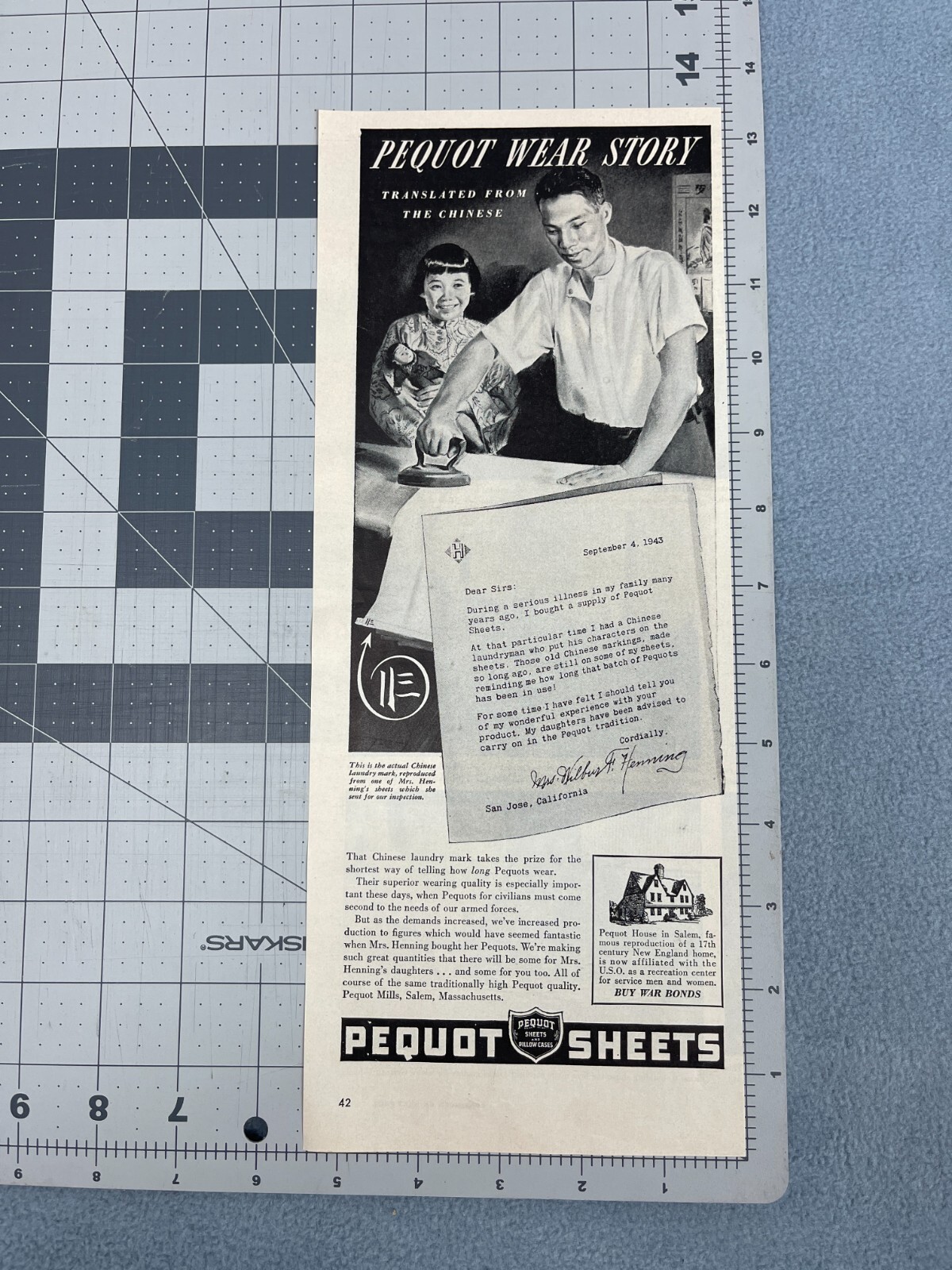1944 Pequot Sheets Vintage Print Ad Laundry Pillow Cases Ironing Domestic Bliss