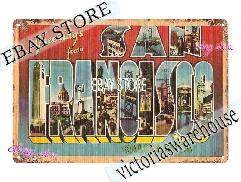 1930s-40s Greetings From San Francisco California vacation house decor Tin Sign