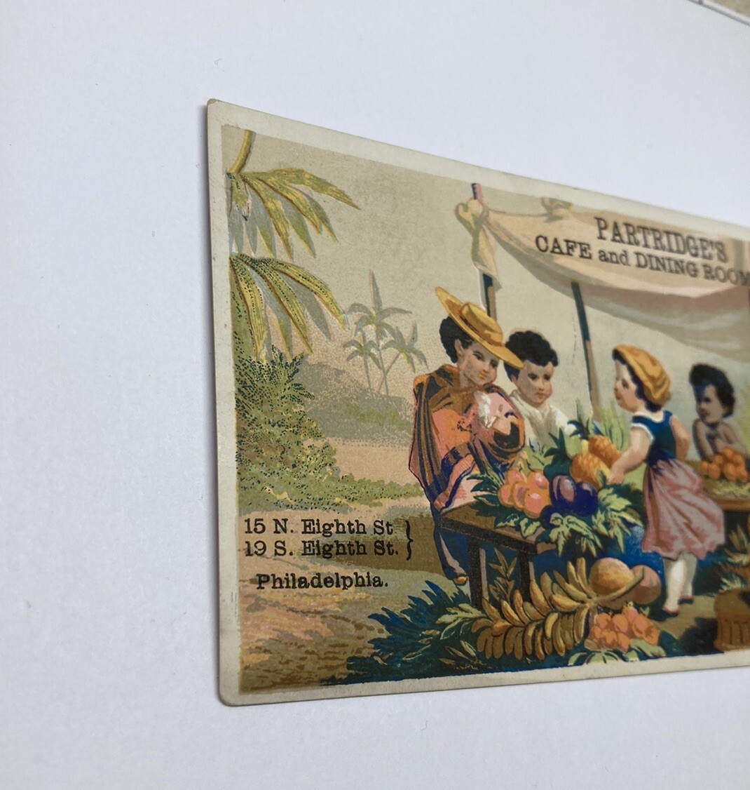 Partridges Cafe And Dining Room Victorian Trade Card Palm Tree Kids Floral Fruit