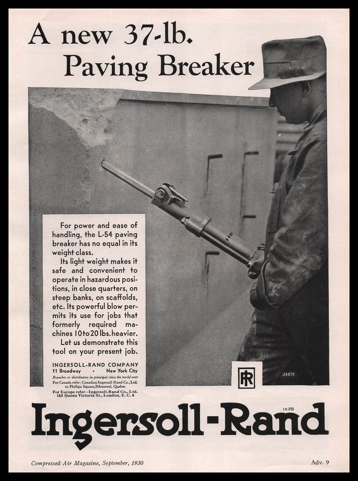 1930 Ingersoll Rand New York L-54 Paving Breaker Photo Highway Worker Print Ad