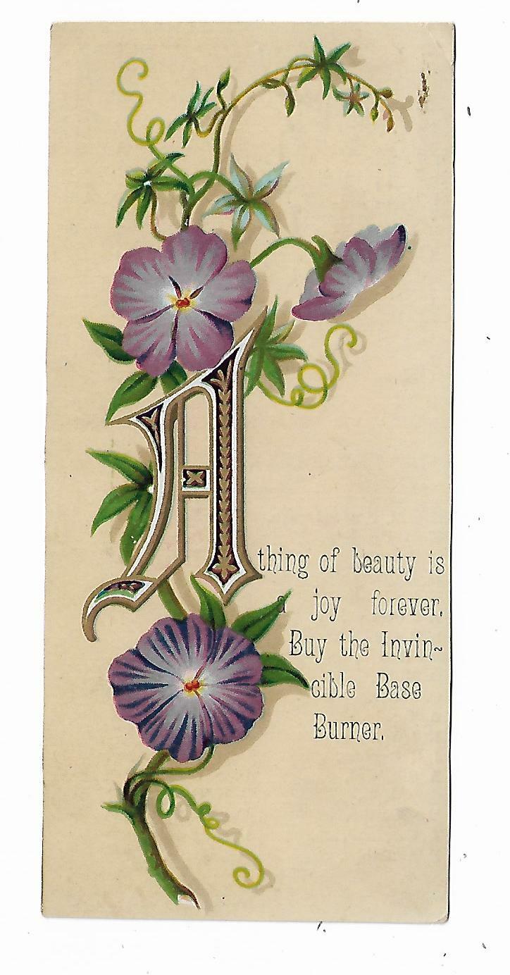 Old Trade Card Invincible Base Burner Stove Ovens Customers Names Purple Flowers