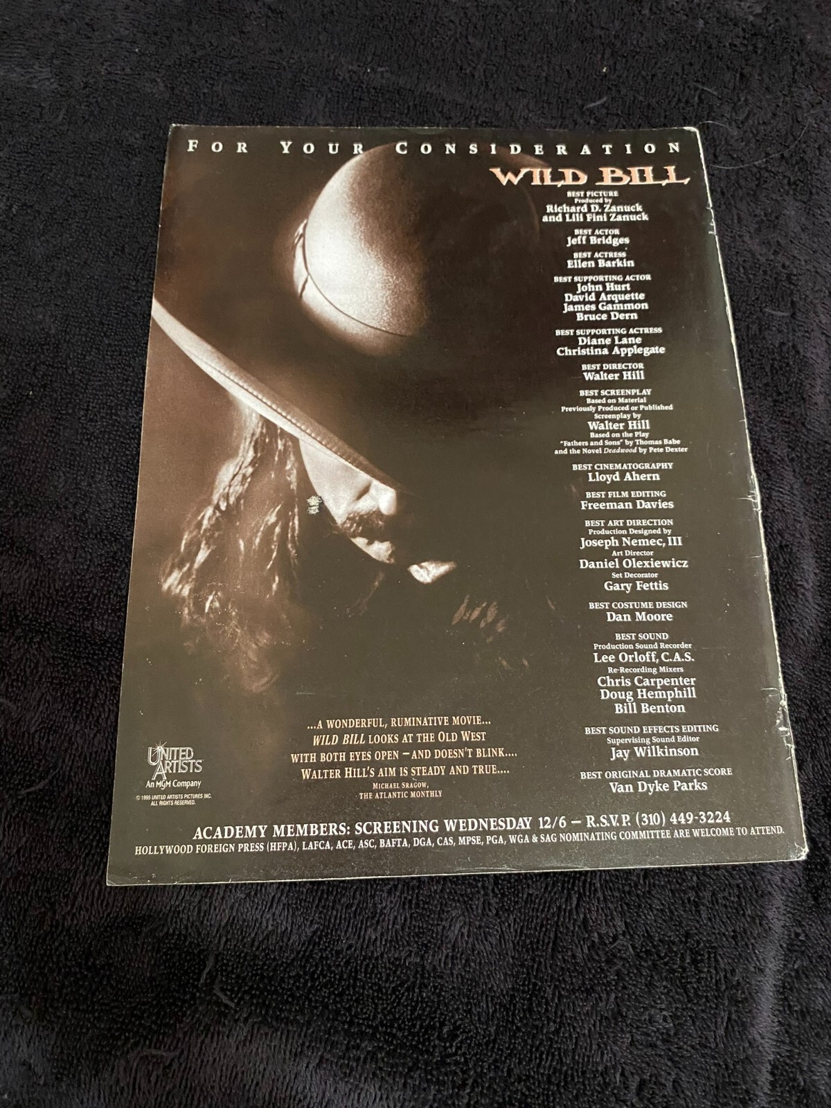WILD BILL 1995 Oscar ad Jeff Bridges as Wild Bill Hickok, John Hurt, Diane Lane