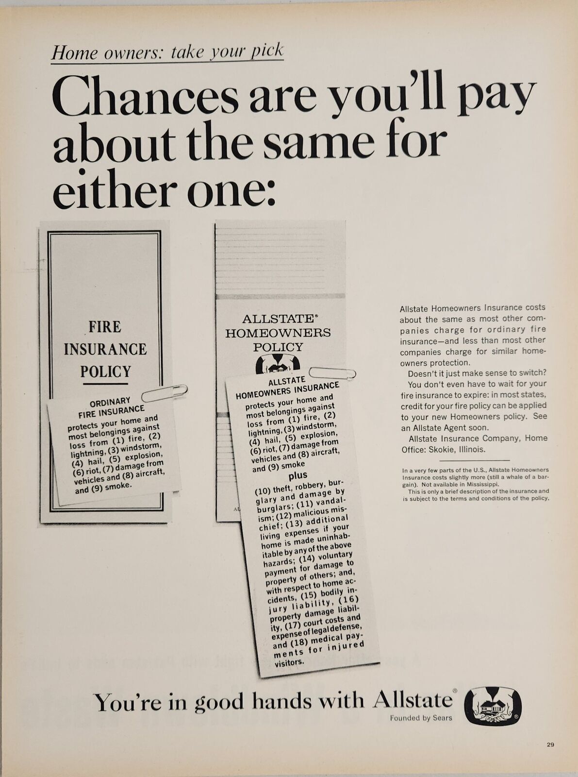 1965 Print Ad Allstate Insurance Founded by Sears Homeowners & Fire Policies