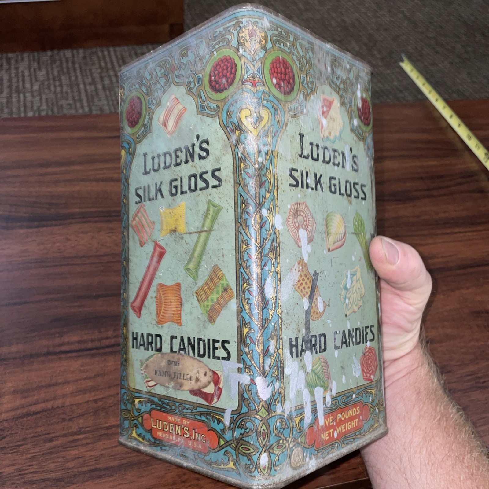 Antique 5LB “LUDEN’S SILK GLOSS” Hard Candies Tin Vintage Confection Can Damaged