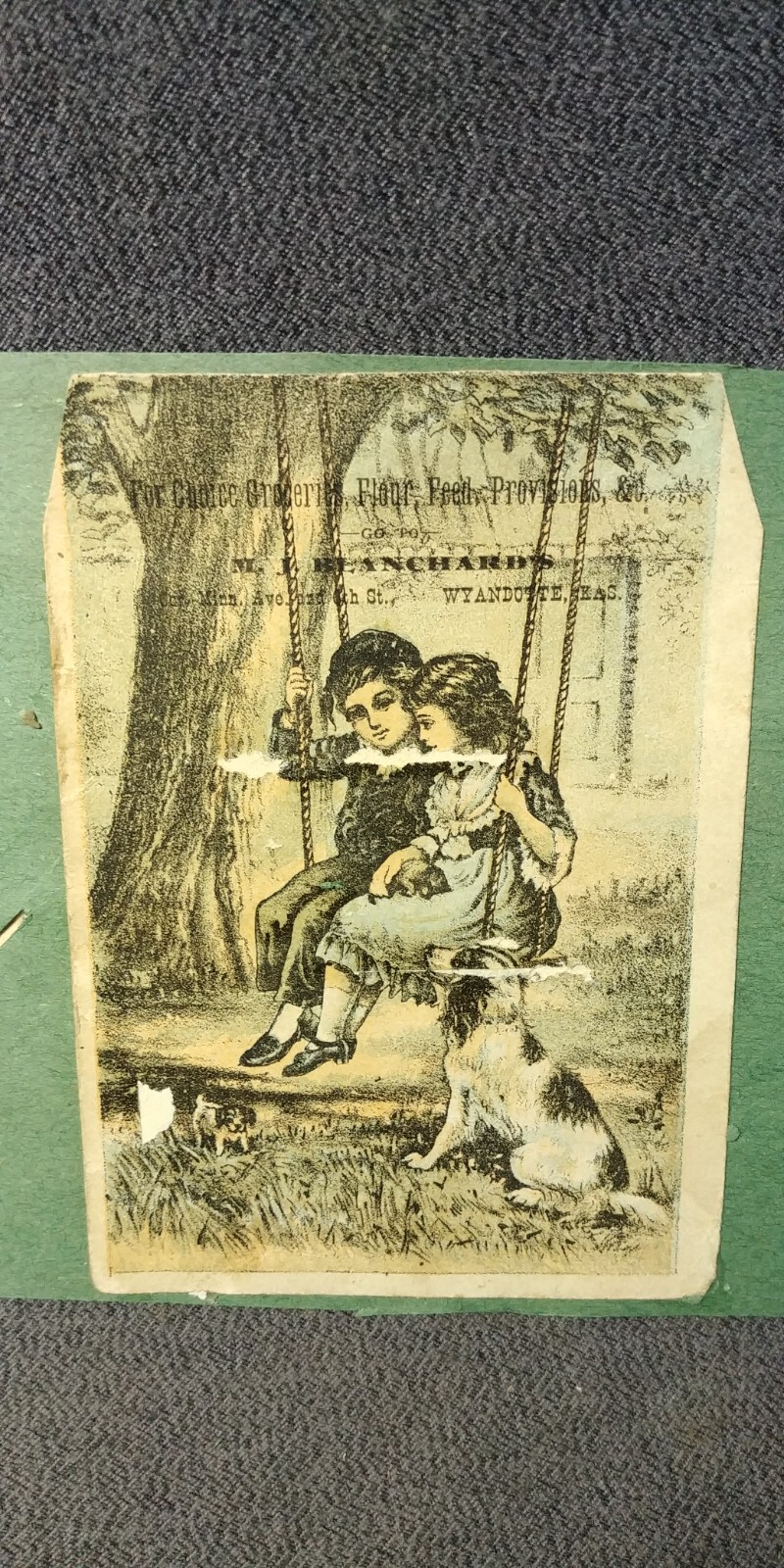 1890s MJ Blanchard’s Grocery Wyandotte Kansas Ad Victorian Trade Card Dog A16