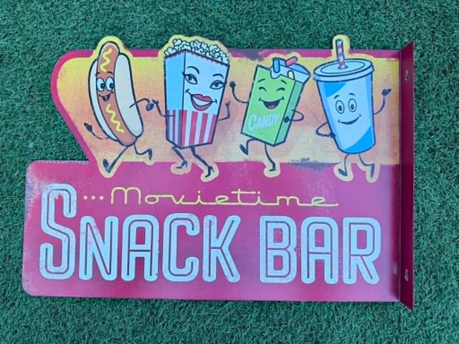 Movie Time Snack Bar Metal Sign Image is on both sides. 20 by 15 Inches
