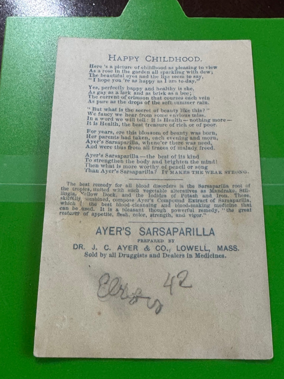 E-093 – Victorian Trade Card – Ayer’s Sarsaparilla – Girl with Bonnett