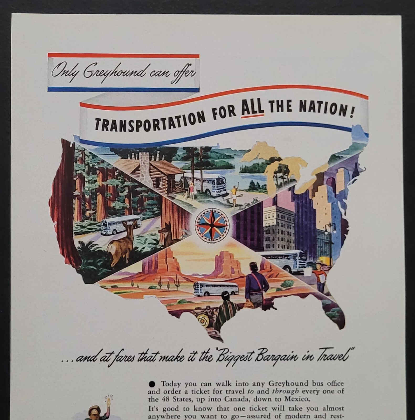 1948 Greyhound Bus Lines Vintage Ephemera 7×10″ Print Ad Transportation for All!