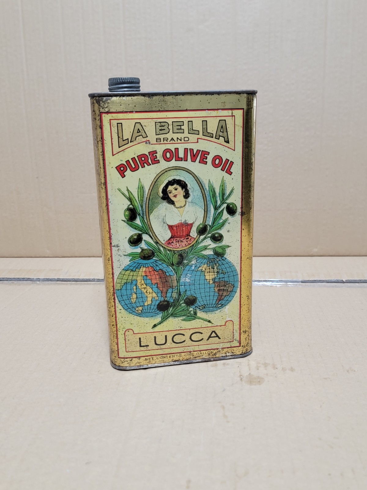 Vintage 1940’s La Bella Lucca (1) Gallon Metal / Tin Pure Olive Oil Can