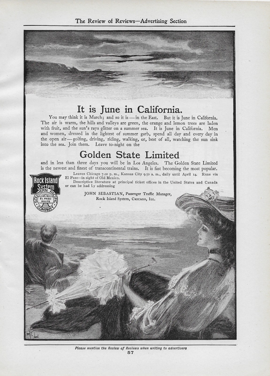 ORIGINAL 1904 Golden State Limited Rock Island Railroad Line California Print Ad