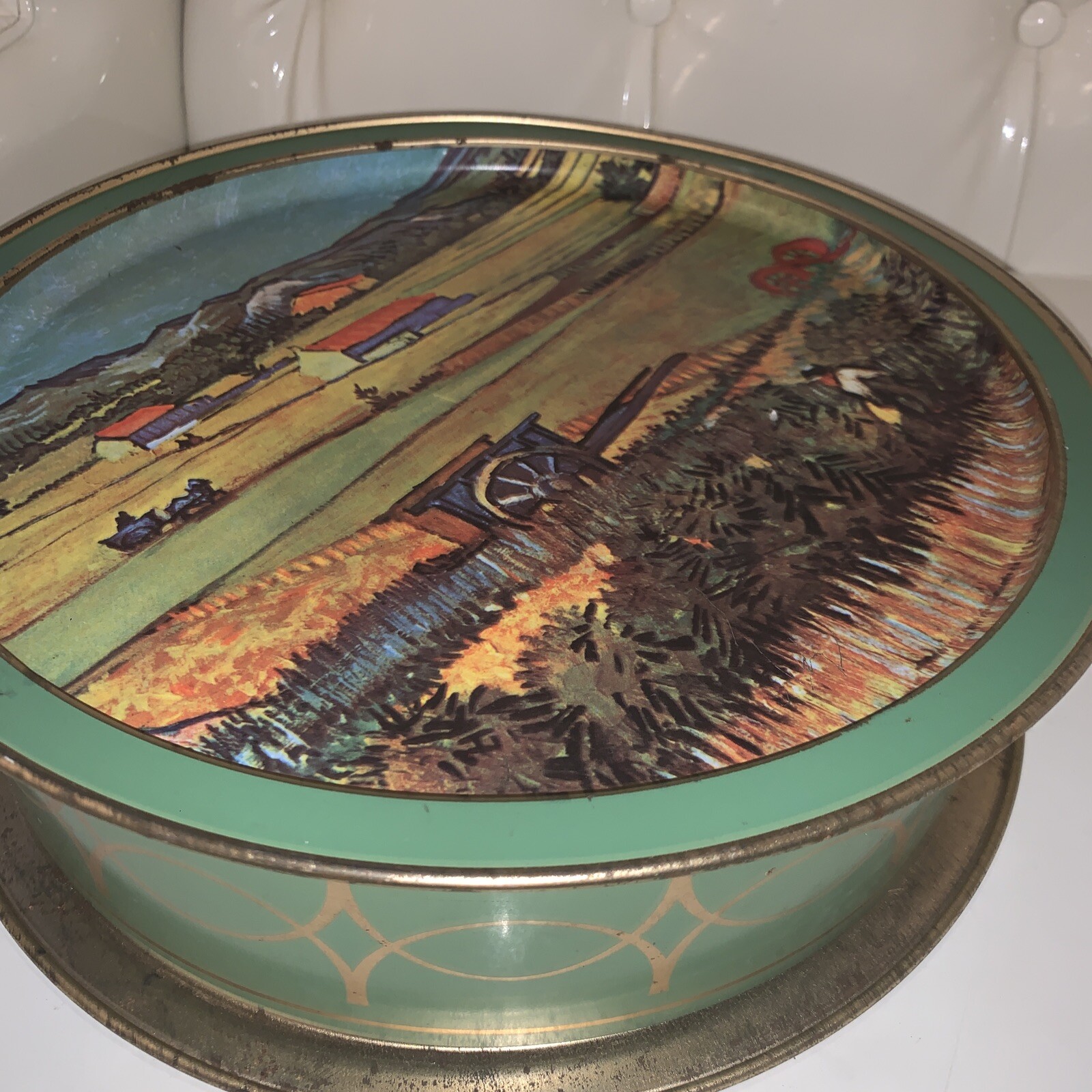 Vntg Vincent Van Gogh Landscape Large Round Tin Box From Sunshine Rare!
