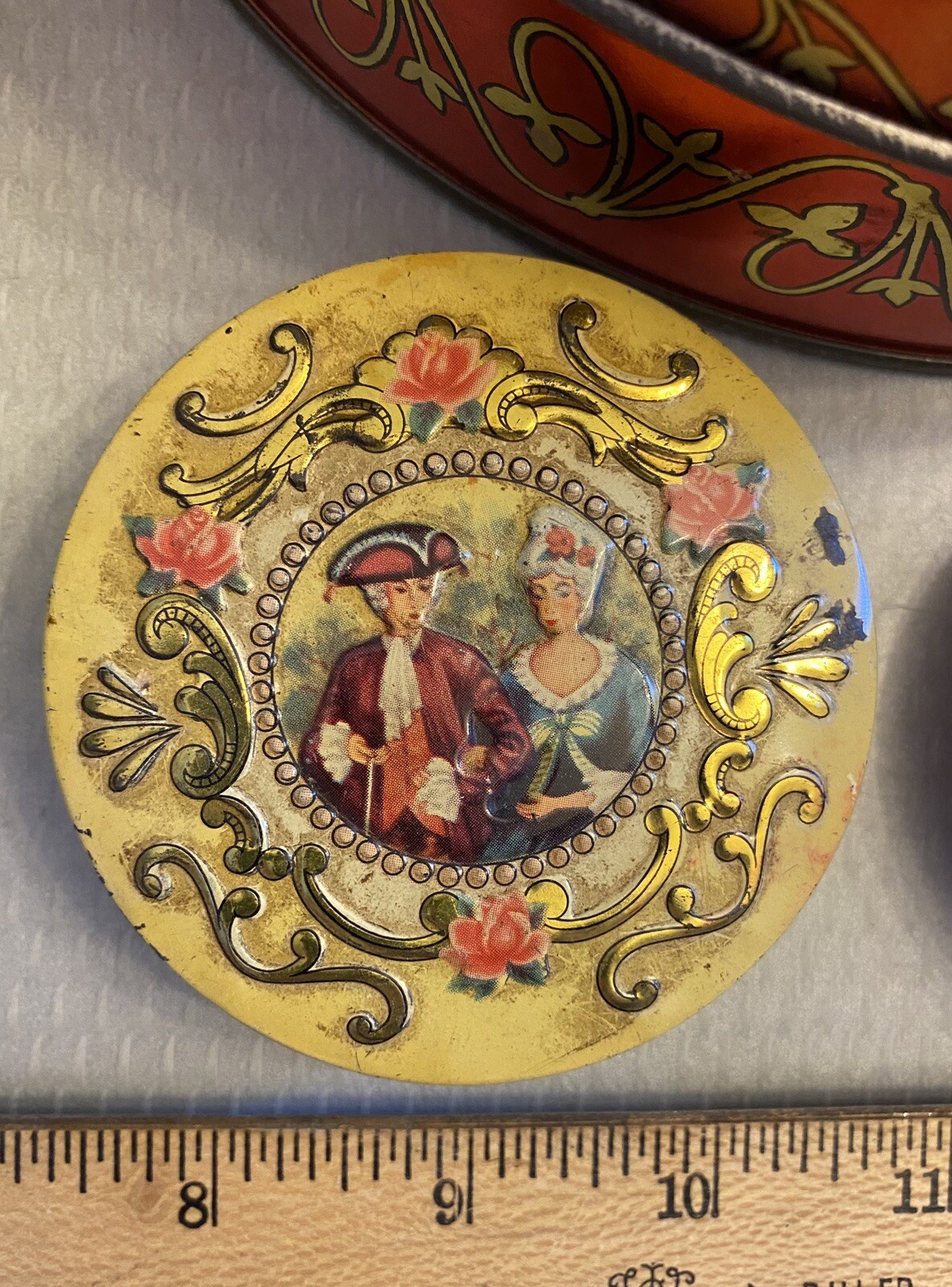 Vintage Antique Tin Candy Container Lot 5 Floral Rose Romantic Lovers Scenic Box