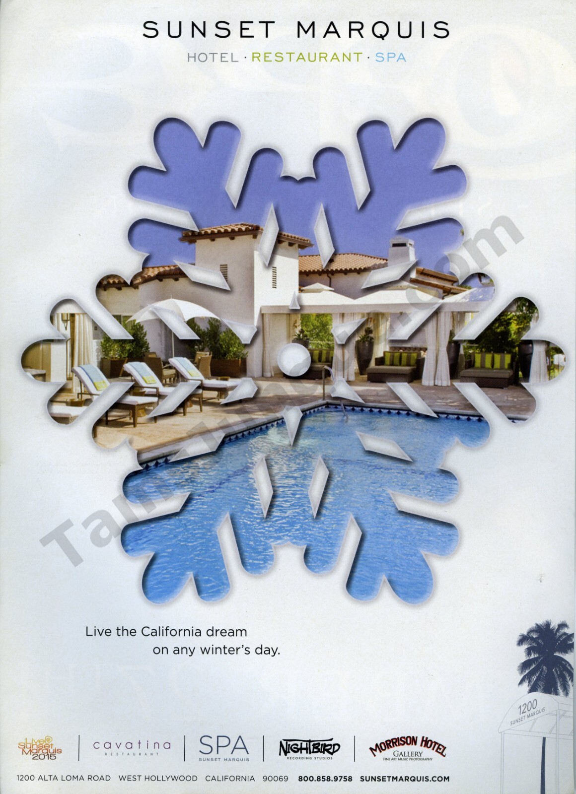 2015 Sunset Marquis Restaurant Hotel Spa Snowflake PRINT AD Wall Decor! (1337)