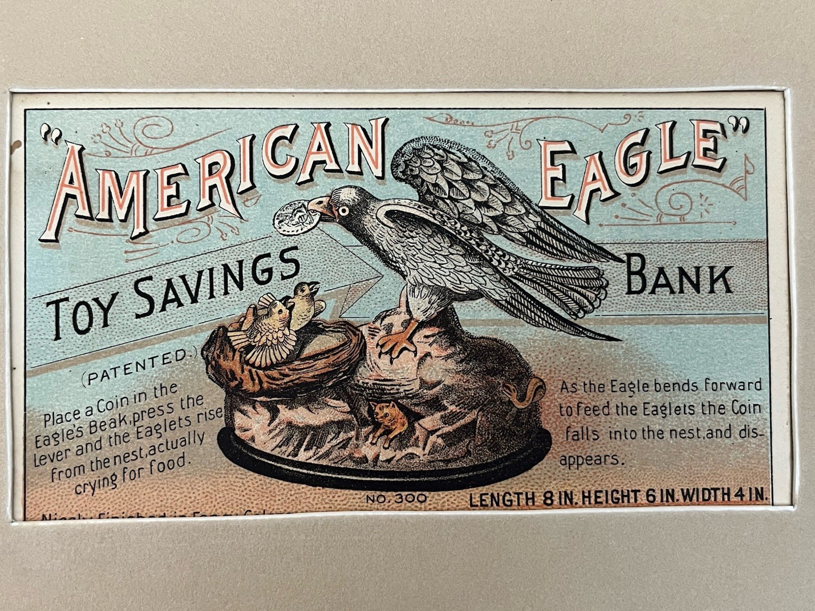 🟡 Victorian J & E Stevens American Eagle Toy Mechanical Bank Trade Card Framed