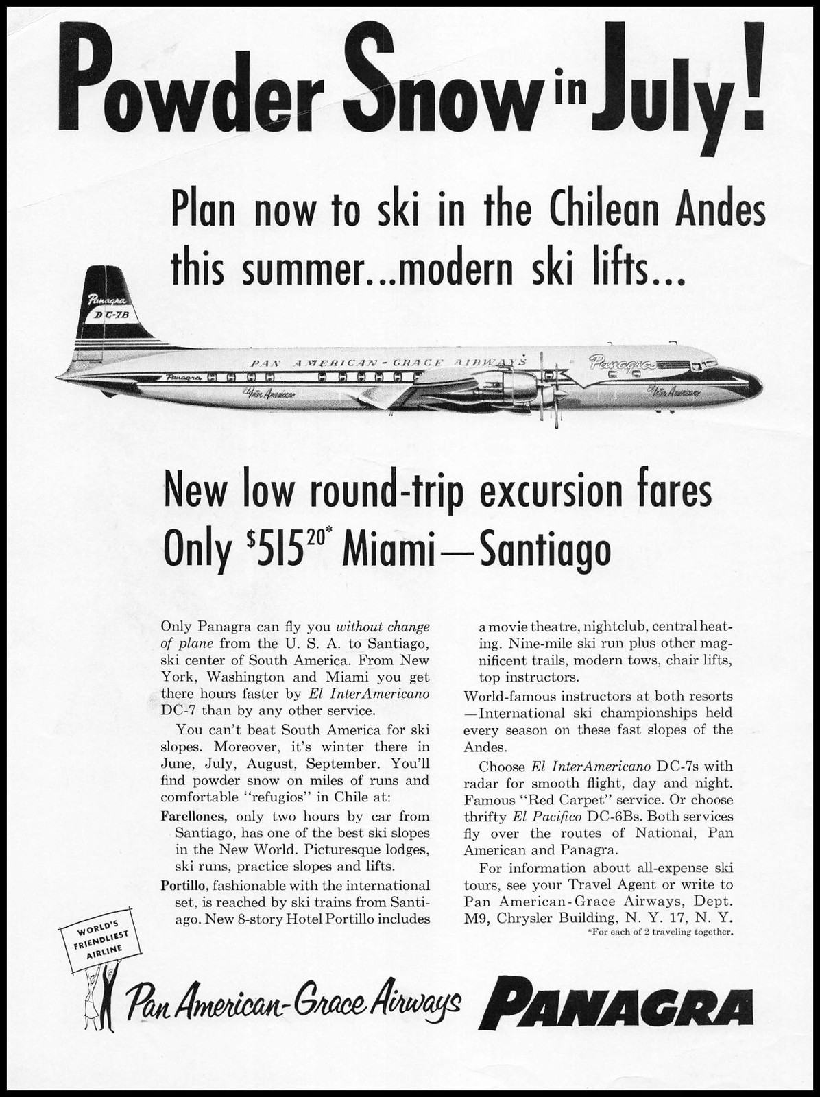 1957 Pan American Grace Airways Panagra Chilean Andes Snow Ski In July Print Ad