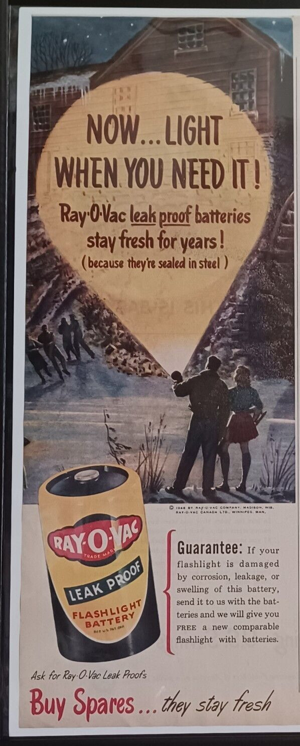 1949 Ray-O-Vac Batteries Vintage Print Ad 1940s Flashlight Cabin Ice Staking