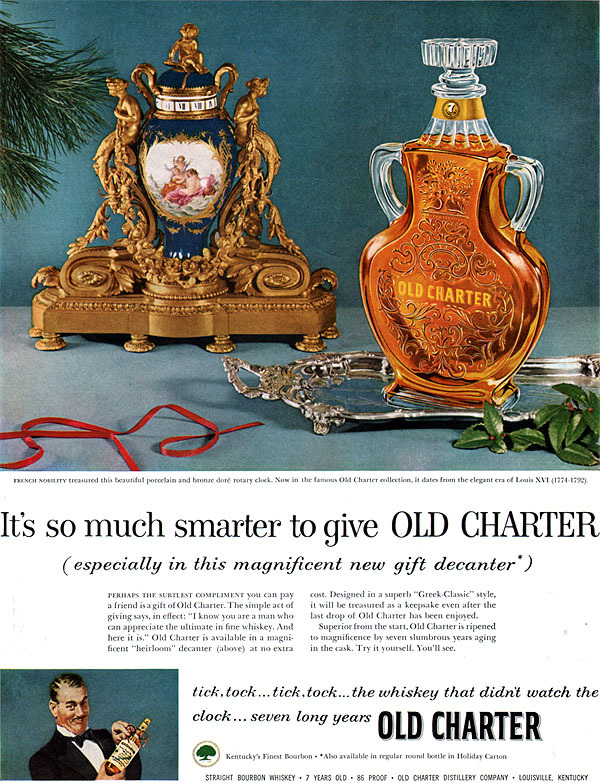 Old Charter Whiskey Greek Classic Style Decanter Ad DORE ROTARY CLOCK 1954 Ad