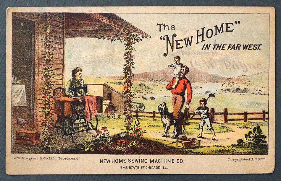 1800’s Antique NEW HOME SEWING MACHINE COMPANY Victorian Trade Card CHICAGO Dog