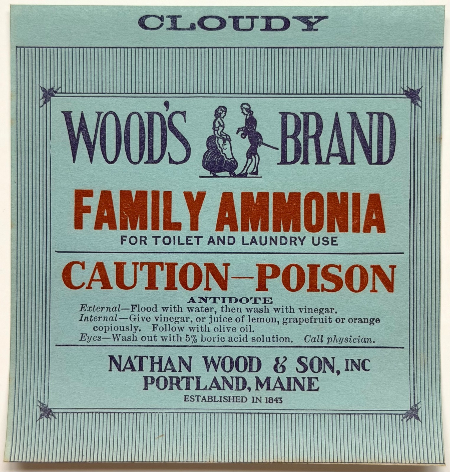 c1900s Woods Brand Family Ammonia Label Unused Portland Maine Caution-Poison J7