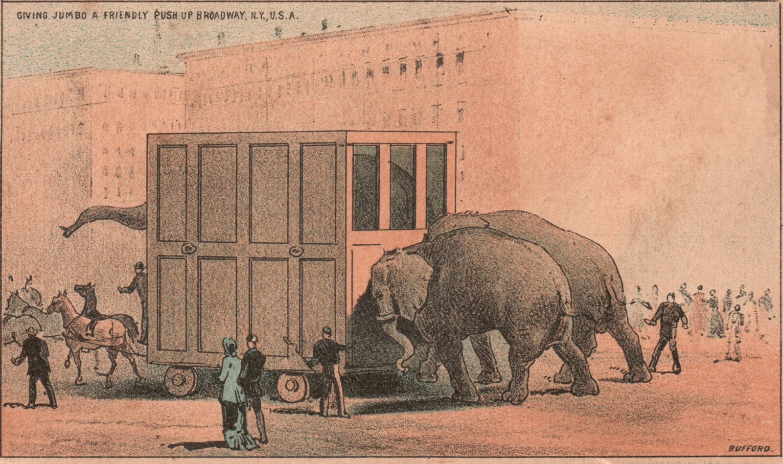 1880s-90s Divine Jumbo a Friendly Push Up Broadway New York Elephant Circus
