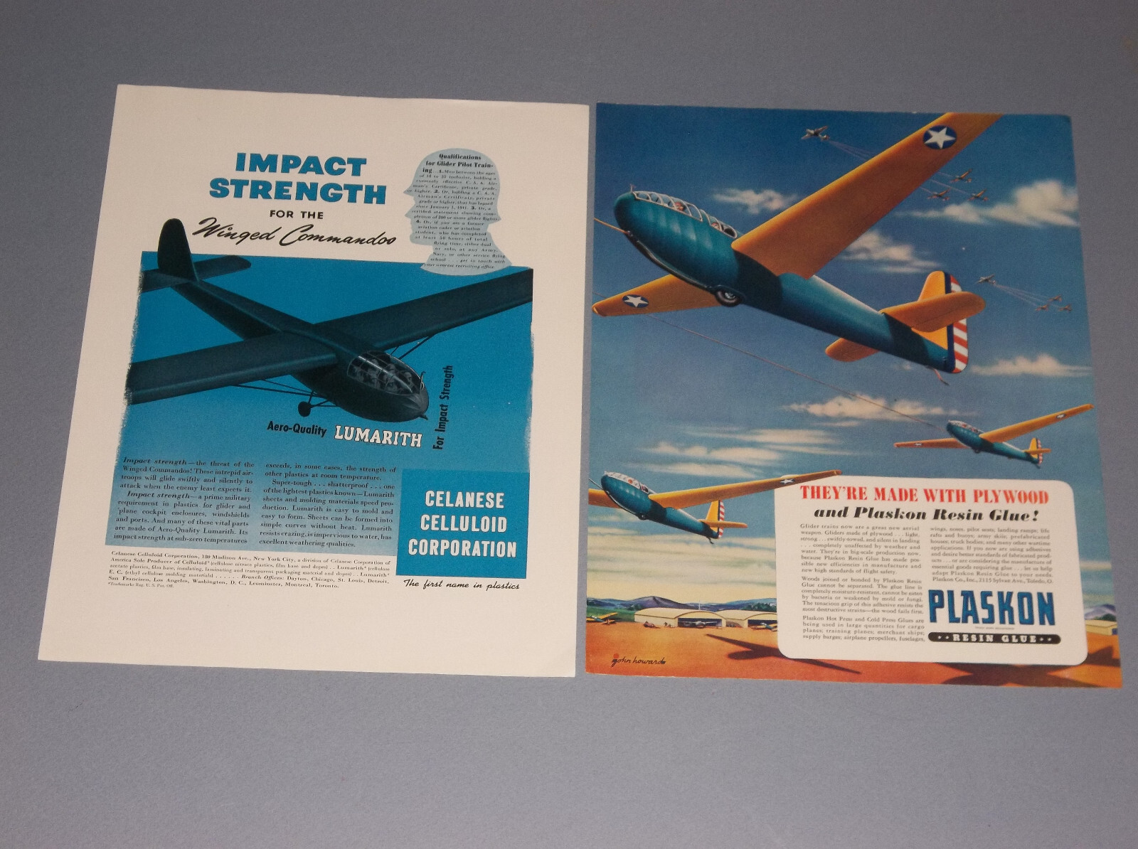 2 1943 PLASKON & CELANESE CELLULOID ADS FOR MILITARY GLIDERS WWII GLIDERS