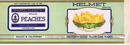 Helmet Brand Peaches Can label Armour & Co bowl of peaches
